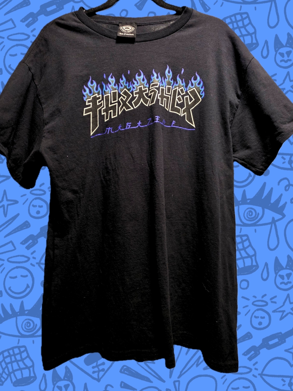 Thrasher Black Tee with Blue & Purple Flame Logo